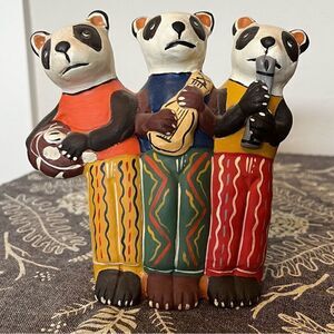 Vintage trio of colorful musical pandas clay figurine made in Peru
